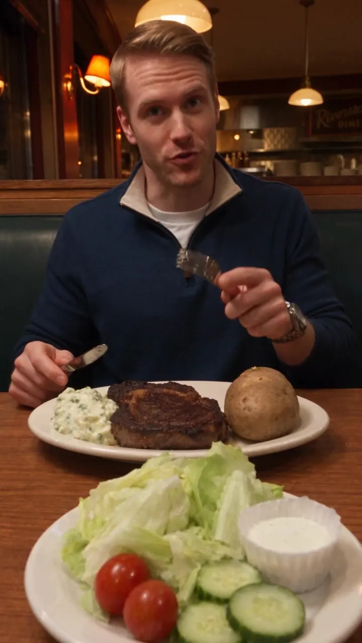 Your date looks straight at you, fork raised, a side salad in front of you.