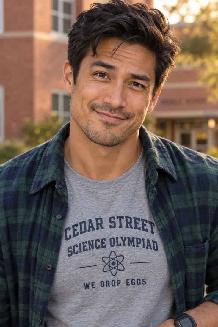 Wes, a dark-haired man in a flannel shirt, grinning at you in golden-hour light outside a brick school.
